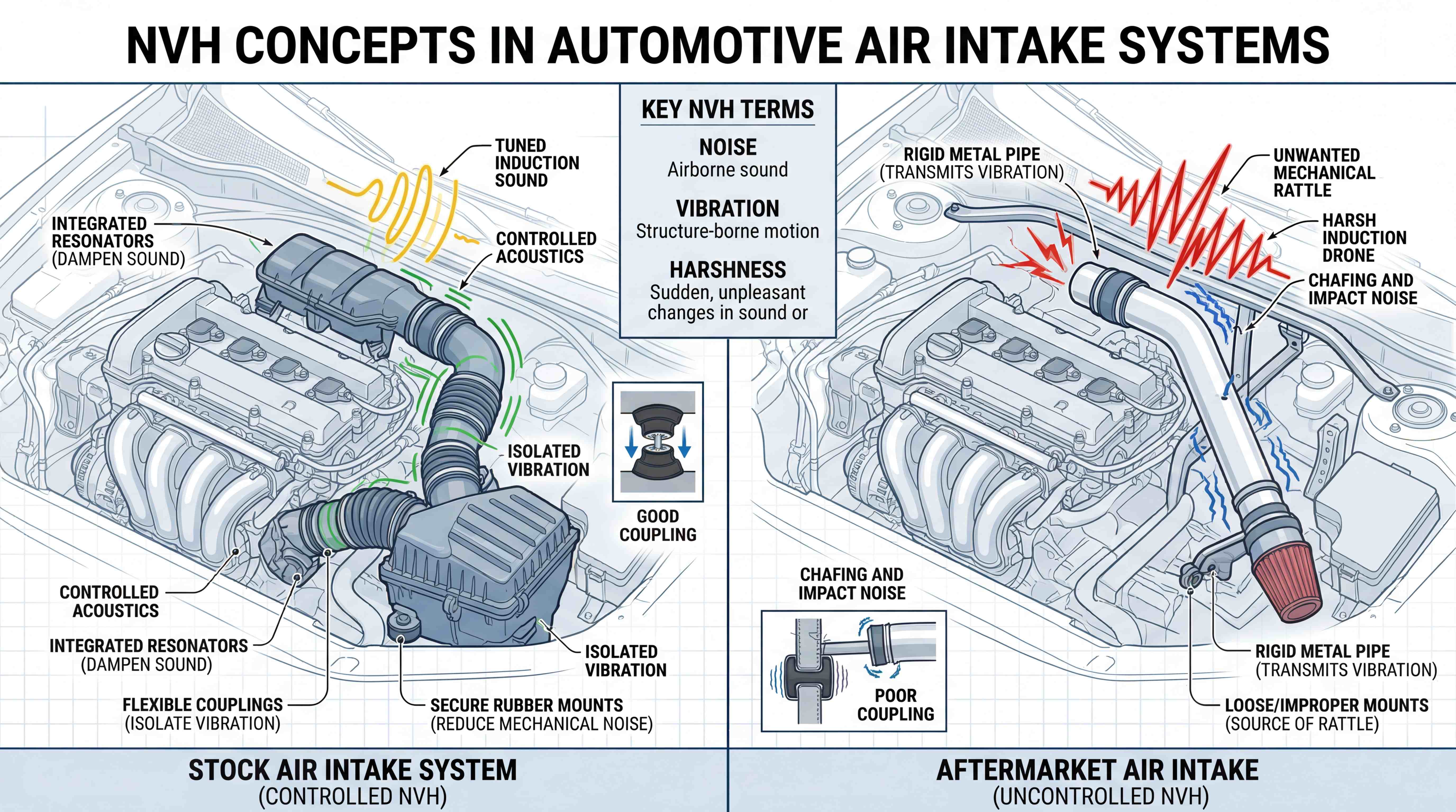 Automotive air intake NVH diagram comparing controlled stock intake acoustics with uncontrolled aftermarket intake vibration, rattle and harshness